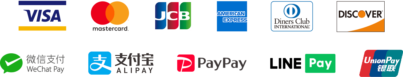 【クレジット】Visa / Master / JCB / アメリカン・エキスプレス / ダイナースクラブ / ディスカバーカード【QRコード】WeChatPay / Alipay / Paypay / LinePay / Union Pay